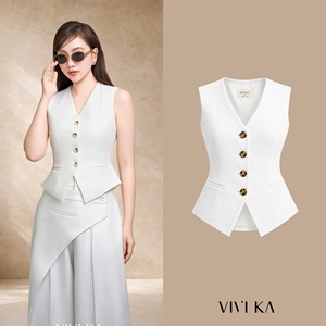 Chaleco Entallado con Cuello en V Blanco para Mujer, con Botones Dorados, Elegante Chaleco de Traje Sólido, Tejido DELWYN - Product Image 1