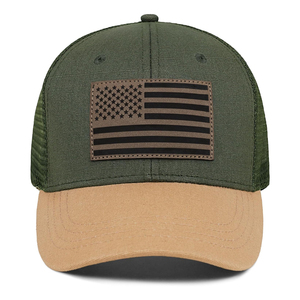<b>Navy</b> Blue Trucker Cap With American Flag Patch Tan Brim Unisex Adjustable 6-Panel Casual <b>Hat</b> - Product Image 6