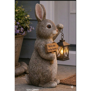 Solar IP65 Rated Polyresin & Plastic Warm White Welcome Bunny Garden Statue with LED Lantern and <b>Battery</b> <b>Backup</b> - Product Image 3