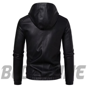 BLOODLINE Men's Black PU <b>Leather</b> Hooded <b>Jacket</b> Slim Fit Moto Biker Style Zipper Closure Autumn Wear - Product Image 2