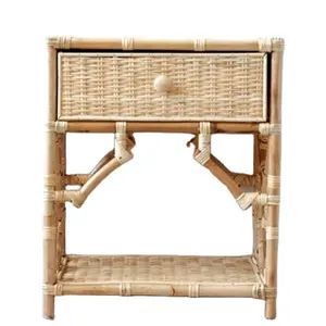 Mesa de cabeceira de vime artesanal natural com 1 gaveta, armário de vime exclusivo, mesa de cabeceira de bambu, móveis feitos de vime, moldura vietnamita