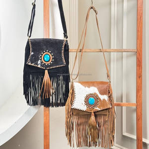 2025 dernière vente chaude femmes luxe qualité Top matériel peau de vache daim cuir bandoulière frange sac à main Turquoise pierre sac à main - Product Image 5
