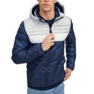 Men's Hooded Puffer <b>Jacket</b> Color Blocking Navy White Windproof Winter Casual Zipper Closure Regular Fit - Product Image 4