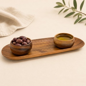 Handmade Eco-Friendly Acacia Wood Serving <b>Tray</b> Set with 3 Dipping Bowls Natural Polished Food-Grade Wooden Appetizer Platter - Product Image 2