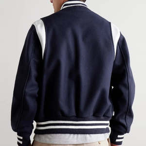 Blouson universitaire homme écologique en laine et cuir, bleu marine à rayures blanches, col montant, fermeture boutonnée, coupe droite, hiver - Product Image 2