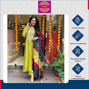 Conjunto de Kurti, Pantalón y Dupatta de Jacquard de Chanderi de Viscosa Bordada de la Mejor Calidad para Ocasiones Especiales, Tallas S, M, L, XL, XXL - Product Image 4