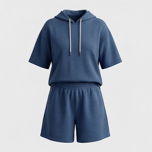 Conjunto de 2 Piezas para Mujer, Sudadera con Capucha y Pantalones Cortos, Color Sólido, Manga Corta, Corte Holgado, Informal, de Algodón, Sudadera y Pantalones Cortos por Encima de la Rodilla, Primavera Verano - Product Image 1