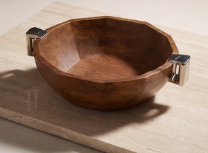 Plato de Madera de Nogal Octogonal Facetado con Asas Metálicas Modernas, Tazón de Servir de Madera de Mango, Vajilla Elegante - Product Image 3