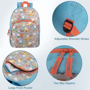 Cartoon Construction Truck Solid <b>Kids</b> <b>Backpack</b> Softback Waterproof 25L Adjustable Shoulder Straps Zipper Closure Blue Gray - Product Image 2
