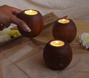 Handcrafted Set Of Three Spherical Globular Wooden <b>Tealight</b> Candle <b>Holders</b> Rustic Natural Wood Votive Stand For Home Decor - Product Image 3