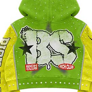 Conjunto de Sudadera con Capucha y Pantalones para Hombre, Estampado Digital Verde y Amarillo, Estilo Urbano, Dos Piezas, con Cierre de Cremallera y Bolsillos con Cordón - Product Image 4