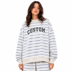 Sweat-shirt personnalisé pour femme à col montant rayé, 100% coton, décontracté, épaules tombantes, col montant avec logo sur le devant - Product Image 5