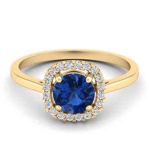 Bague de fiançailles REYES au design classique en or massif 14 carats avec halo de diamants, saphir bleu taille brillant rond de 1 carat, bijou - Product Image 1