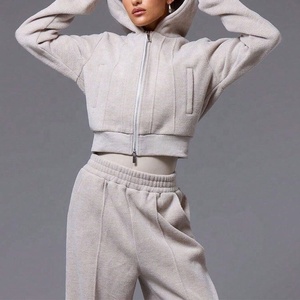 High Quality Factory 2pcs Set <b>Women</b> Waistband Structured Thick Wide Leg Pants <b>Fleece</b> Cotton <b>Women</b> Tracksuit Set - Product Image 2