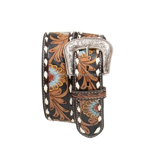 Ceintures de cowboy vintage en cuir tanné végétal à motif floral gaufré pour hommes, avec boucle ardillon antique et cuir travaillé - Product Image 3