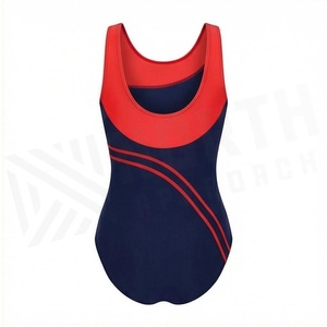Traje de baño de una pieza para mujer, azul marino con ribete en contraste rojo, cuello redondo, diseño de rayas laterales, poliéster elástico de spandex - Product Image 2