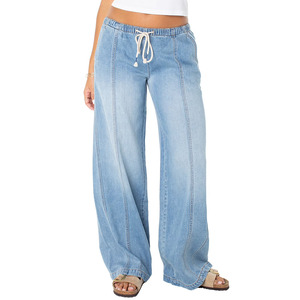 Top Quality Loose Fit Women's <b>Jeans</b> Pants Streetwear Baggy Style Straight Leg Breathable Ladies Denim Pant With Drawstring Waste - Product Image 1