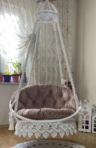 White Macrame Swing Chair with Pink Cushion,Boho Balcony <b>Hammock</b> Chair, Handmade Hanging Chair, Cozy Boho Home Decor - Product Image 2
