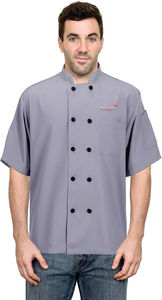 Découvrez la veste de chef à manches courtes Impex en polyester et coton, uniforme de restaurant unisexe, fermeture à boutons, tissu tissé - Product Image 3