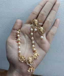 Traditional Temple Ethnic Jewelry <b>Set</b> Gold Plated Imitation <b>Pearl</b> Beads Mala <b>Necklace</b> Earring Religious South Indian Wedding - Product Image 4