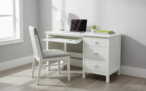 Bureau d'ordinateur moderne en bois blanc avec armoire de rangement à 3 tiroirs, mobilier de bureau minimaliste pour bureau à domicile, design autoportant - Product Image 6
