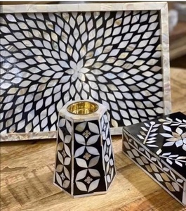 Juego de portavelas con bandeja de incrustaciones de hueso - Product Image 3