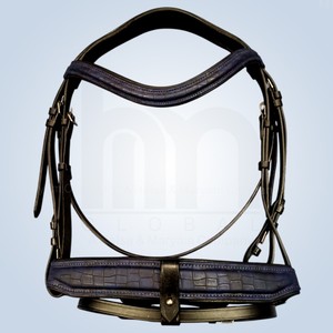 Bridon de luxe en cuir anatomique pour cheval, bleu marine, avec nezette et frontal ondulé en cuir gaufré crocodile, en acier inoxydable de haute qualité et néoprène - Product Image 1