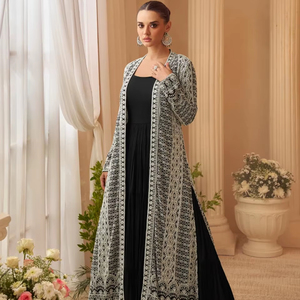 Colección Kasmira al por mayor: Vestido de seda Chinon auténtica con bordado pesado en la parte delantera y trasera, chaqueta, cinturón, talla única, ropa de boda cosida, 4 piezas. - Product Image 1