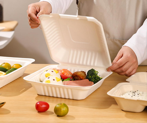 Compostable Waterproof <b>Heavy</b>-<b>Duty</b> Clamshell Food Containers 8x8 Inch White Hinged Takeout <b>Boxes</b> Made From Sugarcane Plant - Product Image 5