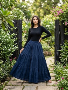 <b>Black</b> Solid Tiered Casual Maxi Skirt Women High Waist Ruffle Hem a Line Laminated Woven <b>Feathers</b> Fluffy for Spring Summer - Product Image 5