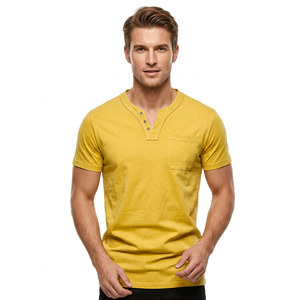 Men's Yellow V-Neck Fit Short Sleeve <b>T</b>-<b>Shirt</b> Solid Color Casual Knitted <b>with</b> <b>Pocket</b> - Product Image 4