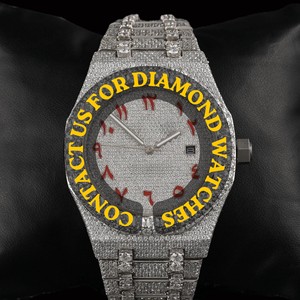 Exclusive Design Full Iced Moissanite Diamond Red Arabic Numerals Round Dial Quartz Sport Business Fashion Watch Glass Dial - Product Image 1