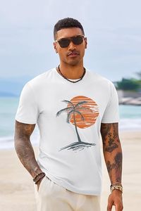 T-shirt en coton blanc pour homme avec imprimé palmier et coucher de soleil, manches courtes, col rond, coupe décontractée, tissu jersey respirant - Product Image 2