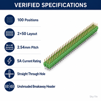 Connecteur de carte PCB traversant, mâle, à 100 positions, 2,54 mm, 2x50, plaqué or, détachable, référence 5-826632-0
