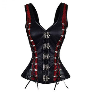 Corsé Gótico de Cuero PU para Mujer con Cierre de Cremallera Cruzada, Diseño de Cuello en V, Bordado de Cadena Antibacteriano, Negro y Rojo - Product Image 1