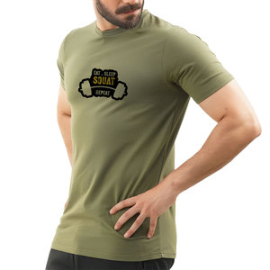 Men's Olive Green Short Sleeve T-Shirt With Eat Sleep Squat <b>Repeat</b> Print O-Neck Regular Fit Casual Jersey Cotton Top - Product Image 2