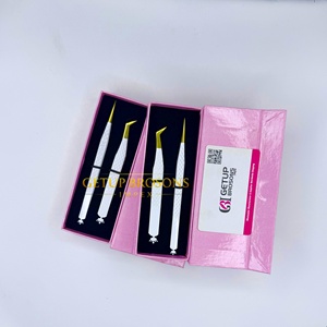 Pince à épiler courbée en acier inoxydable Getup Brosons Impex pour extensions de cils, pointe lisse or blanc - Product Image 1