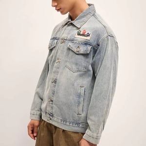 Men's Light Blue Denim <b>Jacket</b> Turn-down Collar Casual Single Breasted Button Closure Washed Cotton Material <b>Patch</b> Design - Product Image 2