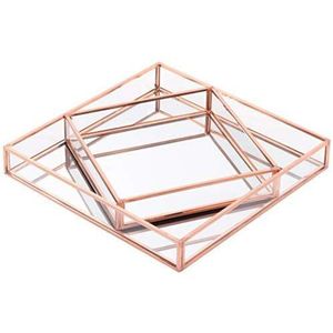 Ensemble de plateaux de service en verre rose doré de luxe, organiseur de cosmétiques en métal décoratif, plateau à bijoux pour table basse et mariage - Product Image 1