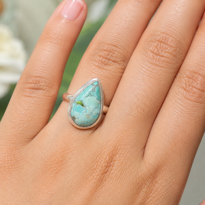 Bague en turquoise naturelle Kingman en forme de poire, en argent sterling 925, sertie à la main, bijou statement pour femme, style bohème, or rose et jaune - Product Image 4