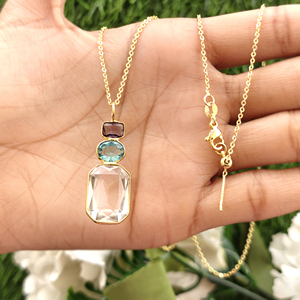 Hip hop necklace amethyst swiss blue crystal quartz triple gemstone pendant necklace 18k gold plated bezel set jewelry necklaces - Product Image 4
