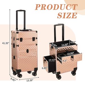 Valigia da toilette con motivo a rombi champagne, cassetti scorrevoli e piatti, ruote staccabili e maniglia in PU - Product Image 3
