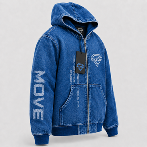 Sudadera con capucha de mezclilla prémium para hombre, estilo urbano, con lavado ácido, estampado gráfico, cremallera y diseño vintage. - Product Image 2