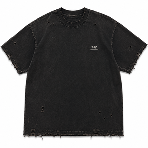 T-shirt noir surdimensionné pour homme WARPRO, manches courtes, coton, streetwear, col rond, design délavé et usé - Product Image 2