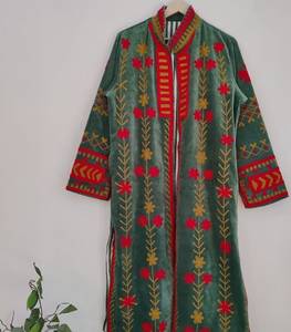 Wholesale Indian Handmade Suzani Embroidered Green Velvet Kimono Jacket Long Duster <b>Coat</b> Vintage Red Floral Vine Motif <b>Women</b> - Product Image 4