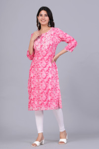 Women Pink Printed Straight <b>Kurti</b> Ethnic Casual Wear <b>Kurti</b>, Embroidery Work <b>Kurti</b> , Trendy <b>Kurti</b> , New Kurta - Product Image 4