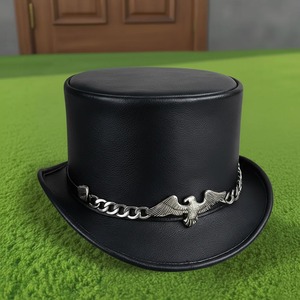 Premium quality custom made Handmade Black Leather Top <b>Hat</b> Steampunk with Golden Eagle Concho - Product Image 1