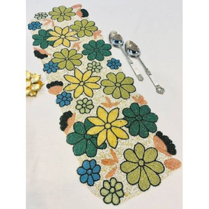 FAIZA CRAFT Handmade Embroidered Beaded <b>Table</b> <b>Runner</b> with Floral Scroll Pattern Brown <b>and</b> White <b>Placemat</b> - Product Image 4