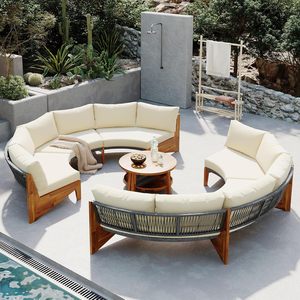 Ensemble de canapés d'extérieur modernes en teck courbé, mobilier de salon de jardin en corde tressée, canapé sectionnel pour villa de villégiature et bord de piscine - Product Image 1