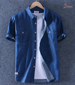 <b>Men's</b> Light Blue Denim Short Sleeve Shirt Regular Fit Turn-down Collar Casual Summer Breathable 100% Cotton Woven Fabric - Product Image 1